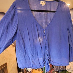 Blue tie-front button-up blouse size XL
